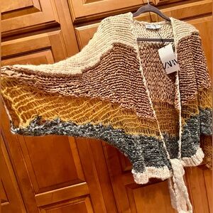 Zara Cream and Brown Knit Cardigan